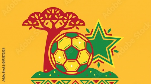Senegal Football Concept Vector with Red Baobab Tree and Green Star, West African Soccer Tournament Banner Graphic, African Cup Emblem Template