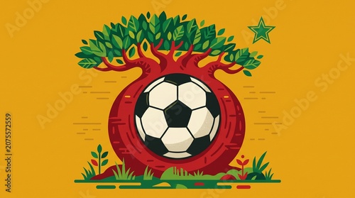Senegal Football Concept Vector with Red Baobab Tree and Green Star, West African Soccer Tournament Banner Graphic, African Cup Emblem Template