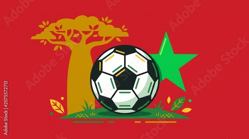 Senegal Football Concept Vector with Red Baobab Tree and Green Star, West African Soccer Tournament Banner Graphic, African Cup Emblem Template