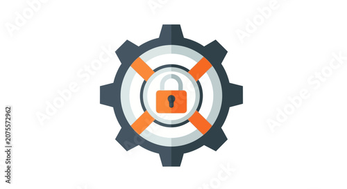 Cyber Security and Industrial Data Protection Icon: Gear Wheel with Lifebuoy and Padlock Vector Illustration for Safety, Maintenance, and Technical Support Systems