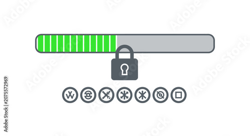 Cybersecurity Progress Bar with Locked Padlock and Digital Security Icons on White Background
