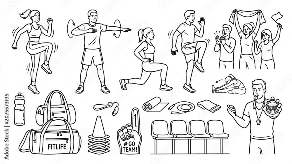 Fototapeta premium Sports Training and Active Lifestyle Character Kit – Warm-Up Exercises, Fitness Coaches and Spectator Figures Vector Set