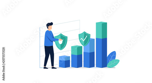 Financial Risk Management and Business Growth Security Concept Illustration with Man Holding Shield and Rising Bar Chart