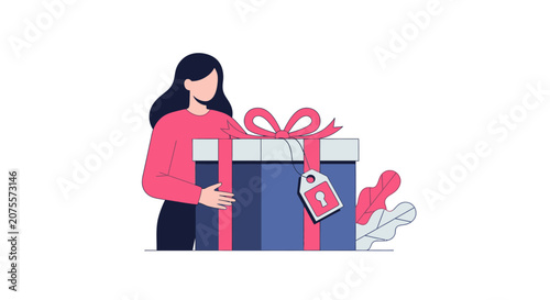 Woman Holding Large Secure Gift Box with Keyhole Tag - Vector Illustration for Data Privacy and Exclusive Rewards