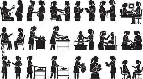 Pregnancy and motherhood silhouettes black vector illustration on white background