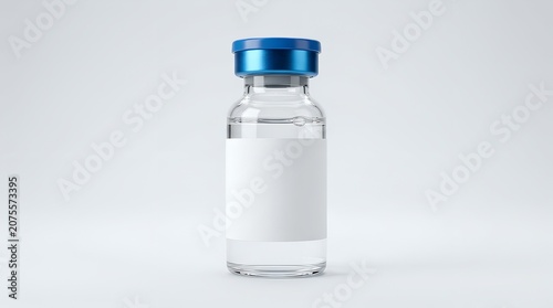 Empty medical injection vial with blue cap and blank white label