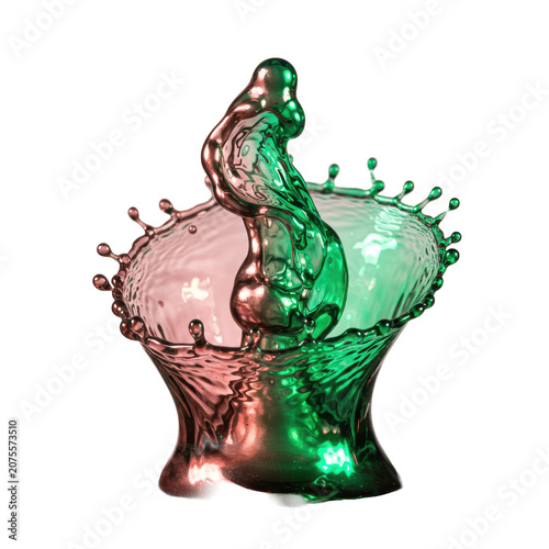 ultra-macro, photorealistic collision of high-viscosity, jewel-toned emerald green and shimmering molten rose gold liquids on a transparent backdrop. Luxury brand advertising concept