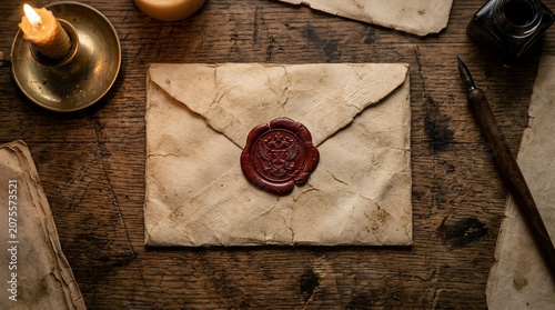 Vintage parchment envelope with red wax seal on dark wood desk