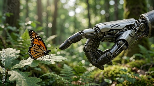 Robotic hand reaching toward a monarch butterfly on a leaf
