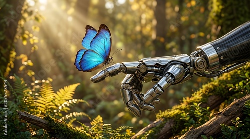 Robotic hand reaching toward a bright blue butterfly in a forest