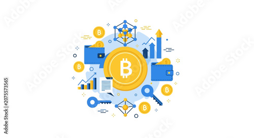 Cryptocurrency and Bitcoin Blockchain Technology Concept Illustration with Digital Wallets, Keys, and Financial Growth Charts on White Background