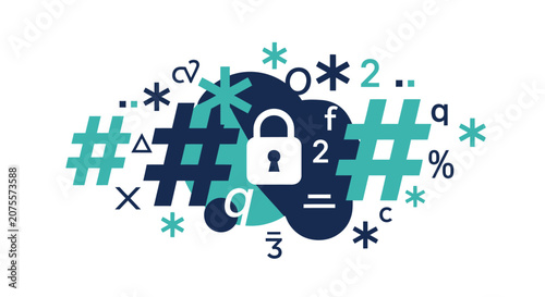 Cybersecurity and Data Encryption Concept with Padlock and Character Symbols Illustration