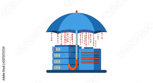 Cybersecurity and Data Protection Concept: Blue Umbrella Shielding Servers from Digital Threats and Information Leaks