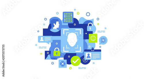 Facial Recognition Technology and Biometric Security Vector Illustration. Digital Identity Verification, Cyber Security, and Personal Data Protection Concept.