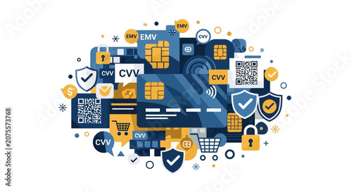 Secure Digital Payment and E-commerce Illustration with Credit Cards, QR Codes, and Security Icons for Fintech, Online Banking, and Cyber Security Concepts.