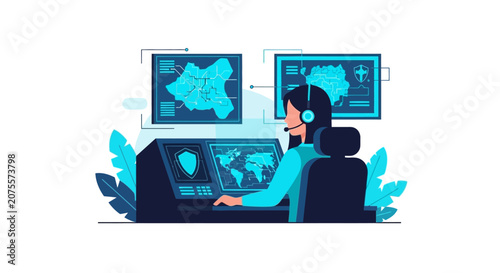 Cybersecurity Woman Operator Monitoring Global Network Data in Modern Control Room Command Center Illustration