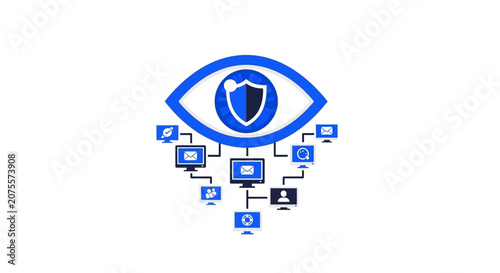 Cyber Security Illustration with Stylized Eye and Shield Monitoring Connected Computer Network for Data Privacy and Digital Information Protection