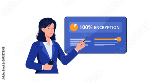 Professional Businesswoman Presenting 100 Percent Data Encryption Concept for Cybersecurity and Information Privacy Vector Illustration