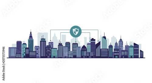 Smart City Cybersecurity Illustration with Shield Icon Protecting Urban Infrastructure and Digital Network Systems