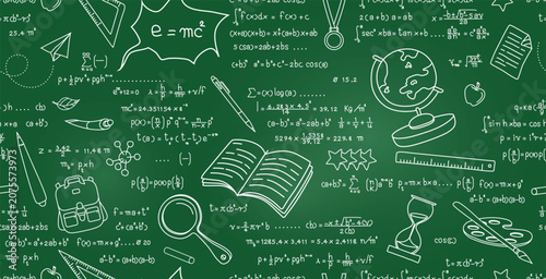 Seamless mathematical formulas and school supplies on the blackboard.