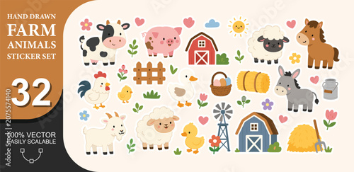 Schilderij op canvas Charming hand drawn farm animals sticker set with domestic livestock and country life elements in flat style