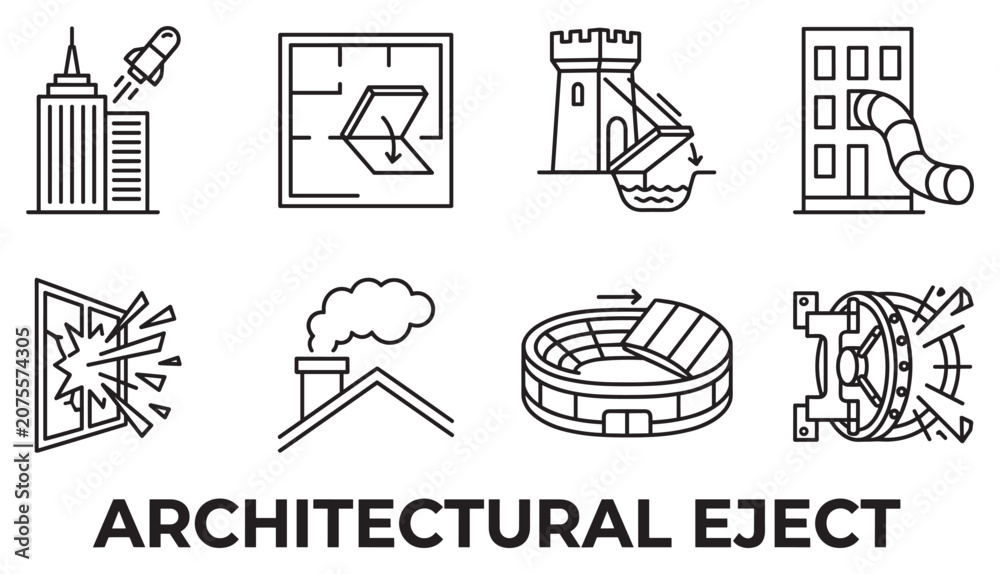 Fototapeta premium Architectural eject concept with building ejecting rocket and various building safety escape symbols.