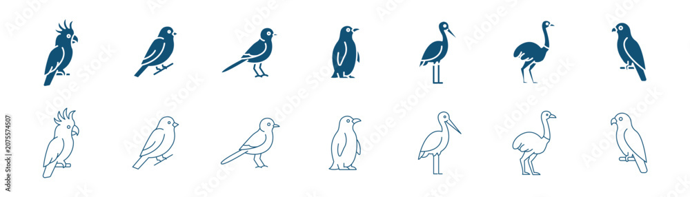 Fototapeta premium Bird Species Icon Set – Wildlife Avian Silhouette Collection, clean line art vector illustration set. EPS 10