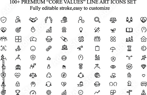 Core Values Icons Set Professional Business Ethics, Integrity & Company Culture Line Icons Collection.Perfect for HR materials,corporate communications,training programs,and organizational development