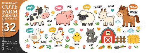 Cuadro en lienzo Cute farm animals sticker set with text bubbles and animal sounds in flat hand drawn cartoon style