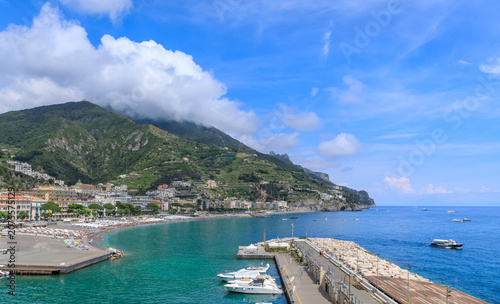 Amalfi Coast, Southern Italy: the townscape of Maiori with its marina and beach.