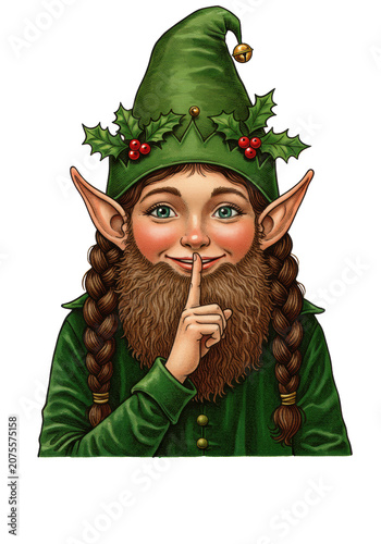whimsical female elf with decorative beard and braided hair in green velvet tunic and holly hat, making a 'shush' gesture; vintage storybook ink illustration on stark white background. concept of a