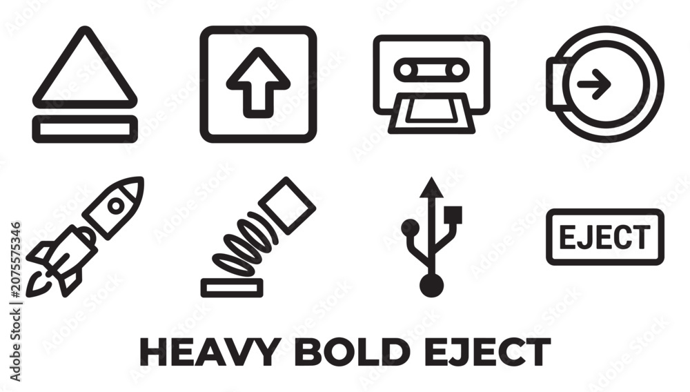 Fototapeta premium Eject icons collection heavy bold set with arrow cassette rocket usb sign.