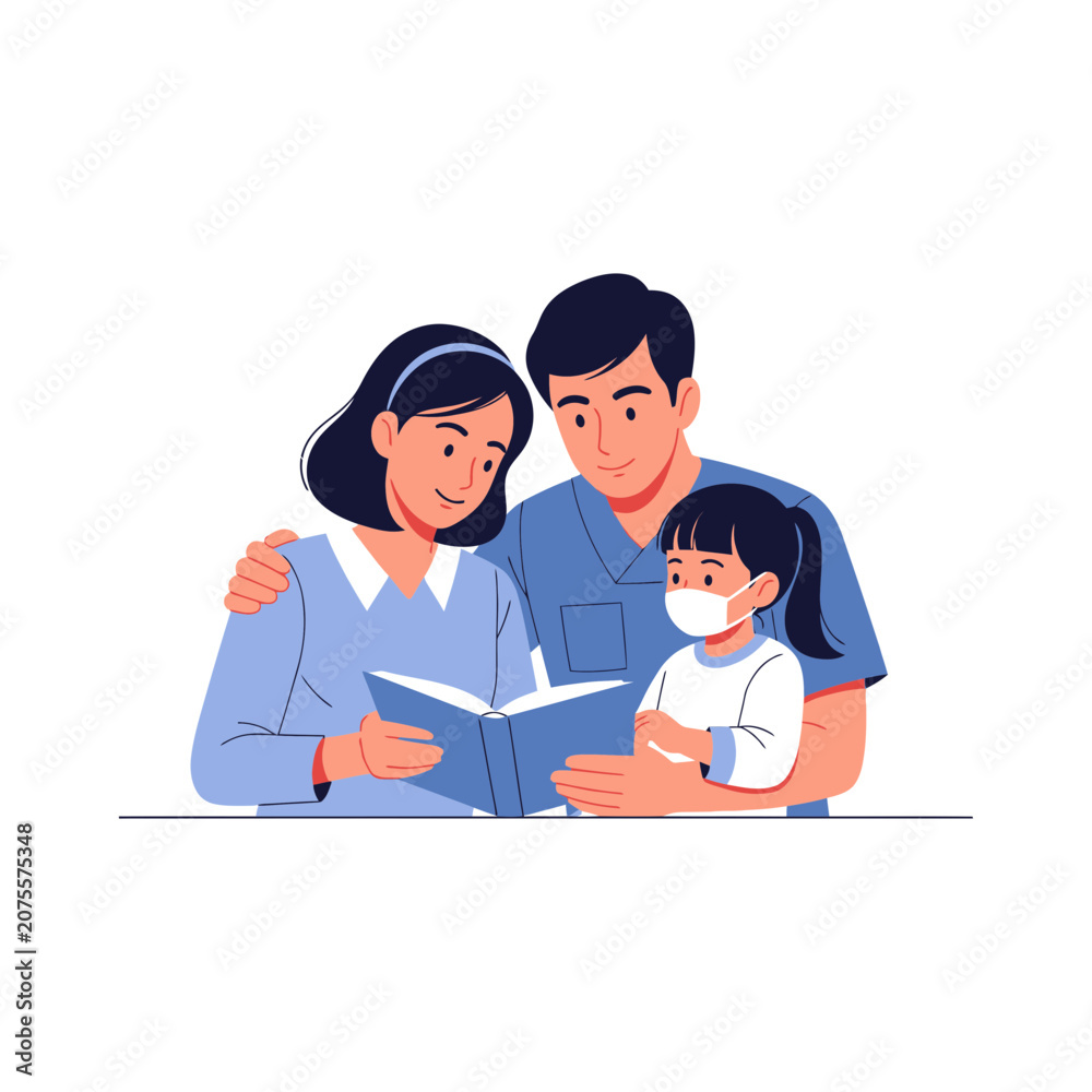 Fototapeta premium Family reading a book together with child wearing mask