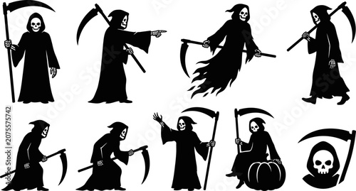 Schilderij op canvas collection of grim reaper silhouettes in various poses with scythes and pumpkin