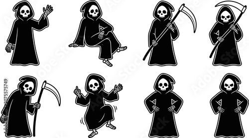 Tableau sur toile Grim reaper in various poses with scythe skeleton death symbol isolated on trans