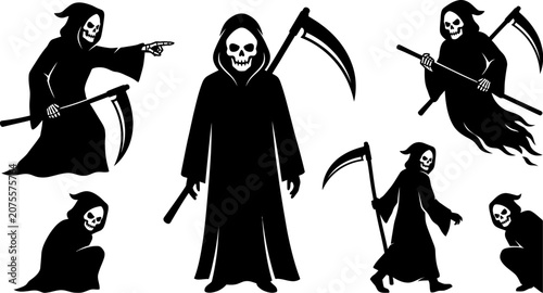 Foto collection of death characters with scythe in various poses on white background