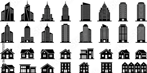 collection of black silhouette city buildings and houses on white background
