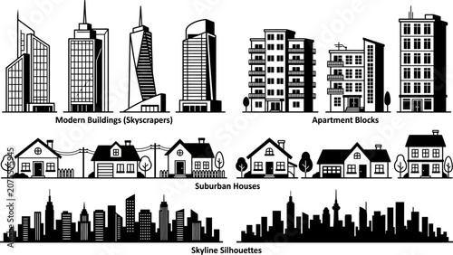 Foto black and white illustrations of various buildings and houses  skyscrapers apart