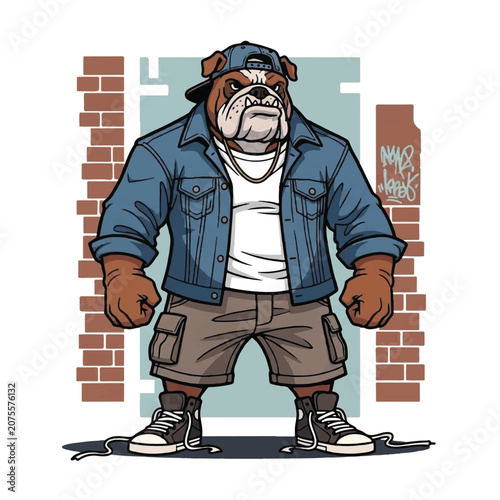 Cartoon bulldog in casual clothing.