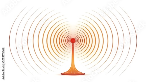 Abstract orange transmitter antenna emitting radio wave patterns with frequency