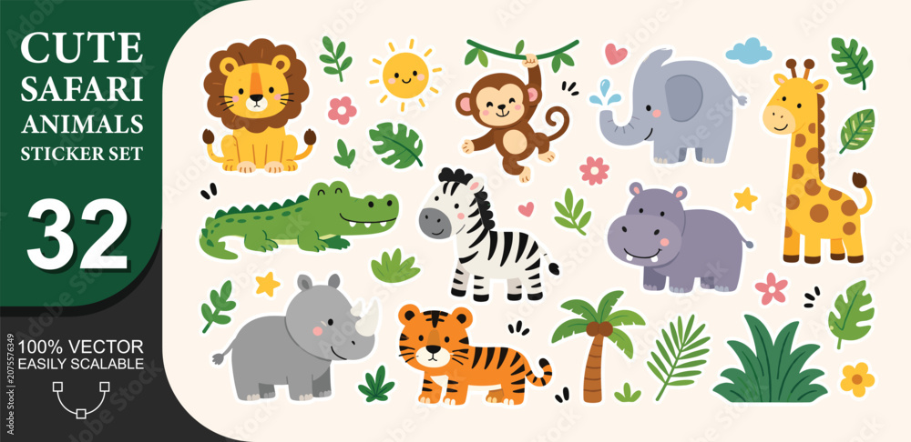 Fototapeta premium Cute cartoon farm and jungle animals sticker set. hand drawn doodle elements for kids with lion, giraffe, monkey, toucan, rhino, hippo, elephant, zebra, alligator and other forest plants, flowers.