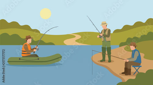 Quadro em tela Men fishing in a lake from a boat and shore, outdoor activity illustration