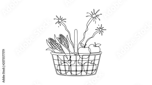 Canvastavla Hand-drawn basket overflowing with corn, apples, and abstract floral elements