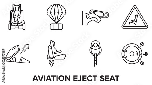 Set of aviation ejector seat icons for aircraft safety emergency equipment and pilot escape.