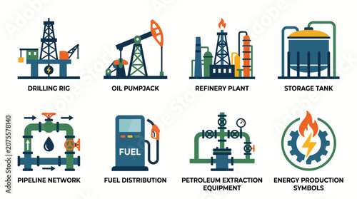 Foto Industrial oil and gas production equipment icons set.