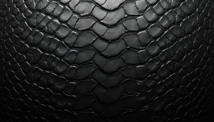 Close view of black reptile skin texture. Detailed pattern of shiny scales, wavy lines, and organic shapes. Rich material surface for luxury goods and apparel backgrounds.
