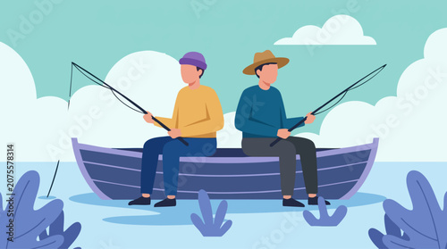 Fotografía Two men fishing from a boat on calm water, a peaceful outdoor hobby