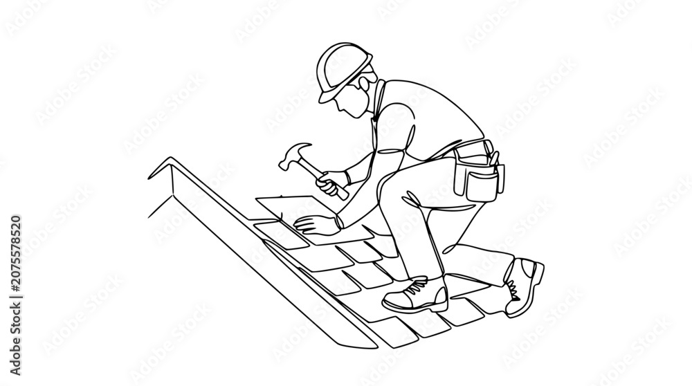 Obraz premium Roofer Installing Shingles with Hammer, One Line Drawing