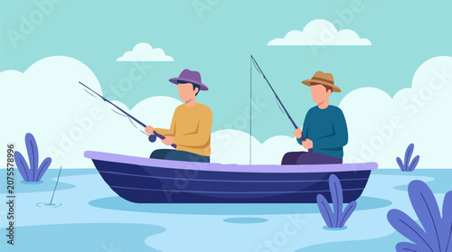 Quadro em tela Two men fishing from a boat on a calm lake, flat illustration