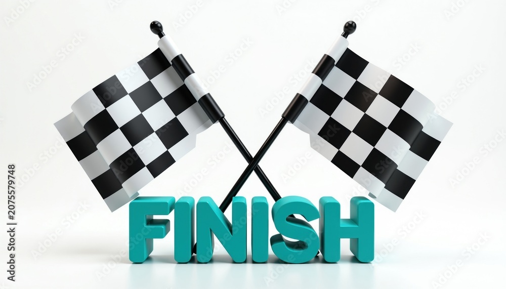 Obraz premium Two checkered flags wave over the word FINISH. This image symbolizes victory and the end of a race. Celebrate wins and achievements in sports, business, or life. Great for racing events success.